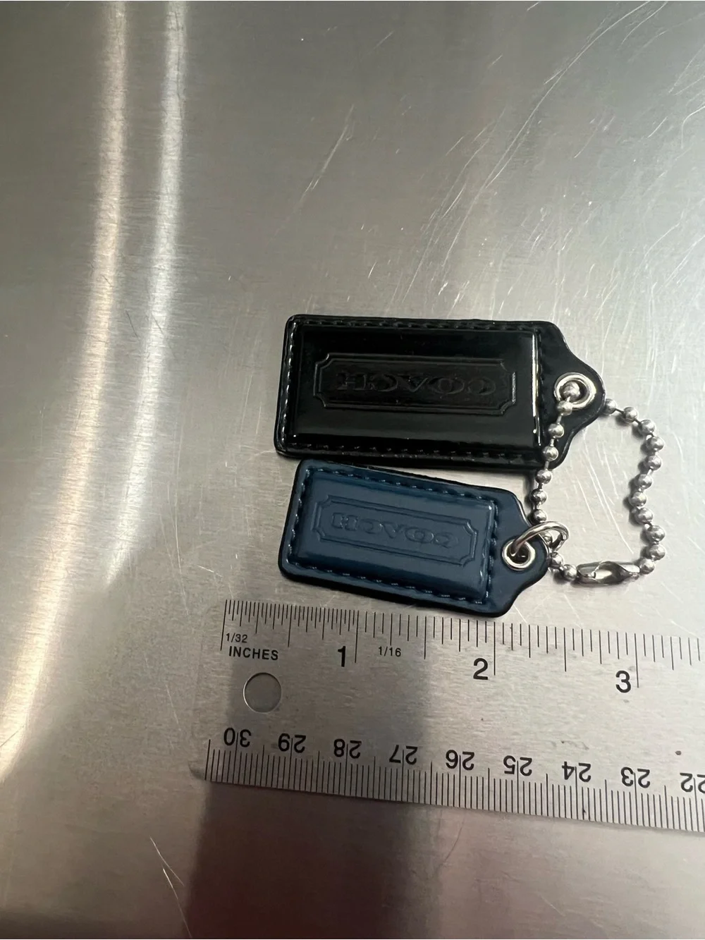 Coach Black and Navy Leather Key Tag Duo with Chain
